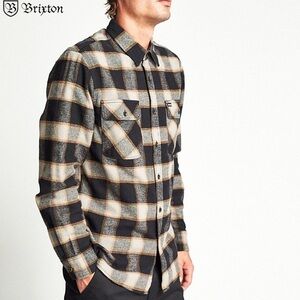 BRIXTON Bowery Long Sleeve Flannel Shirt Black Tan Cream Plaid